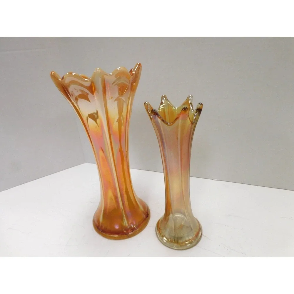 VTG Marigold Carnival Glass Swung Vase Set Iridescent Fluted Ruffled Rim DW738